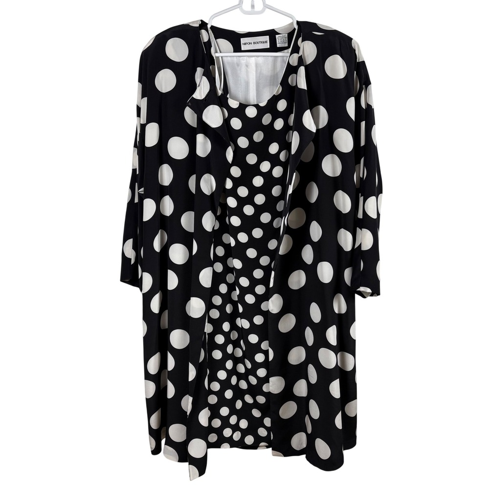 Vtg Nipon Boutique Dress Set Womens 12 Black White Polka Dot 100% Silk Mod Retro